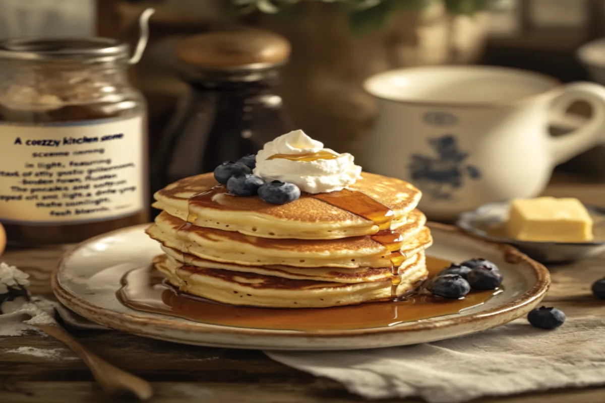 Fluffy pancake recipe with golden-brown pancakes topped with syrup and berries