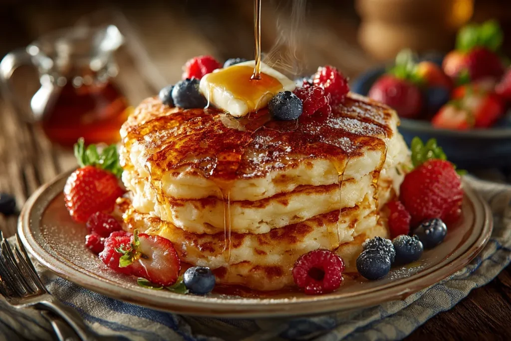 Fluffy Pancakes: A Guide to the Perfect Breakfast Treat 6 Fluffy pancake recipe with golden-brown pancakes topped with syrup and berries