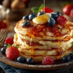 Fluffy Pancakes: A Guide to the Perfect Breakfast Treat 7 Fluffy pancake recipe with golden-brown pancakes topped with syrup and berries