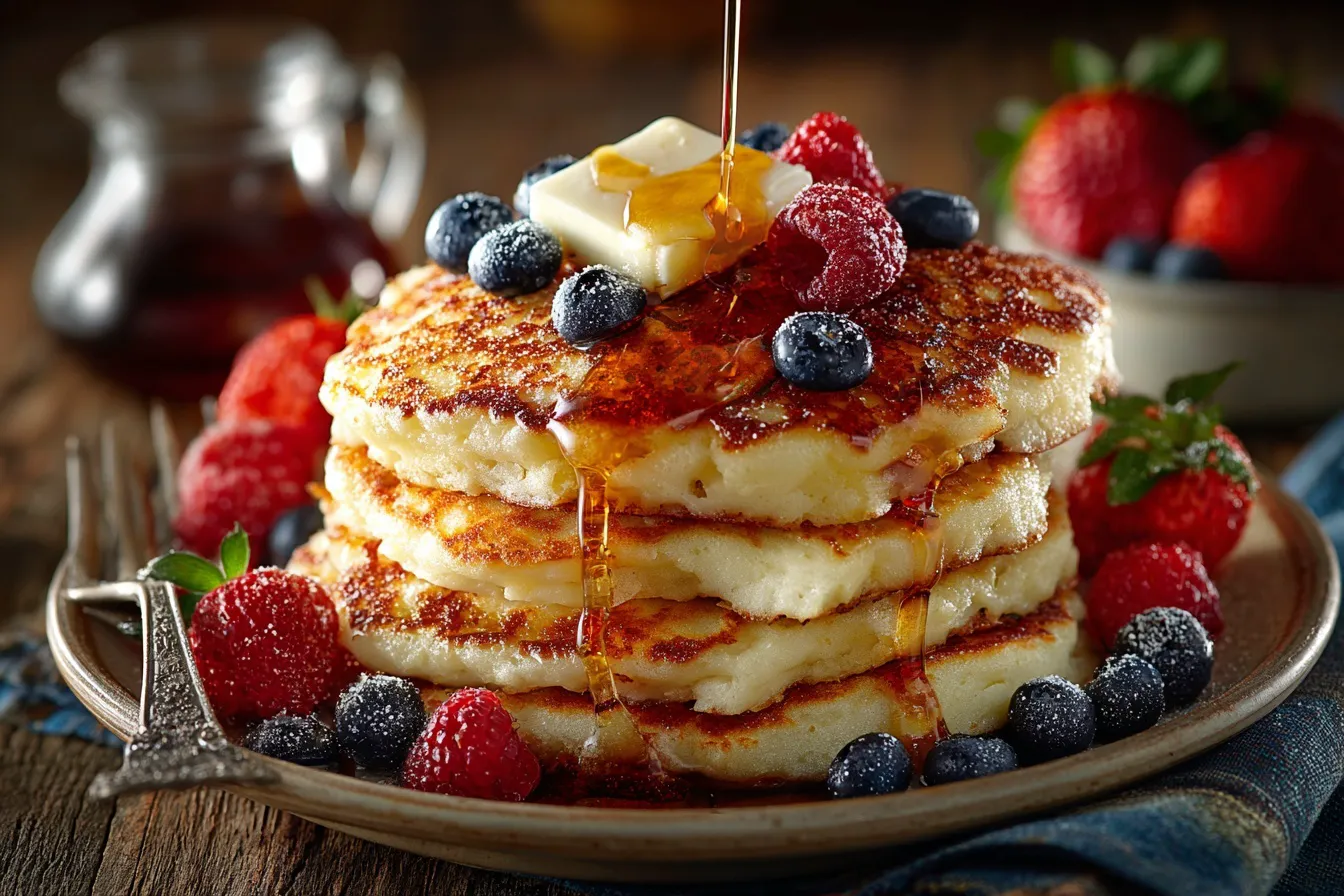 Fluffy pancake recipe with golden-brown pancakes topped with syrup and berries