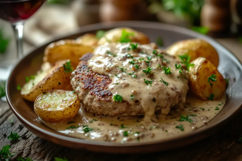 Hamburger Medallions with Garlic Herb Sauce and Baby Potatoes