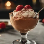A rich and creamy chocolate mousse topped with whipped cream and fresh berries in a glass dessert cup.