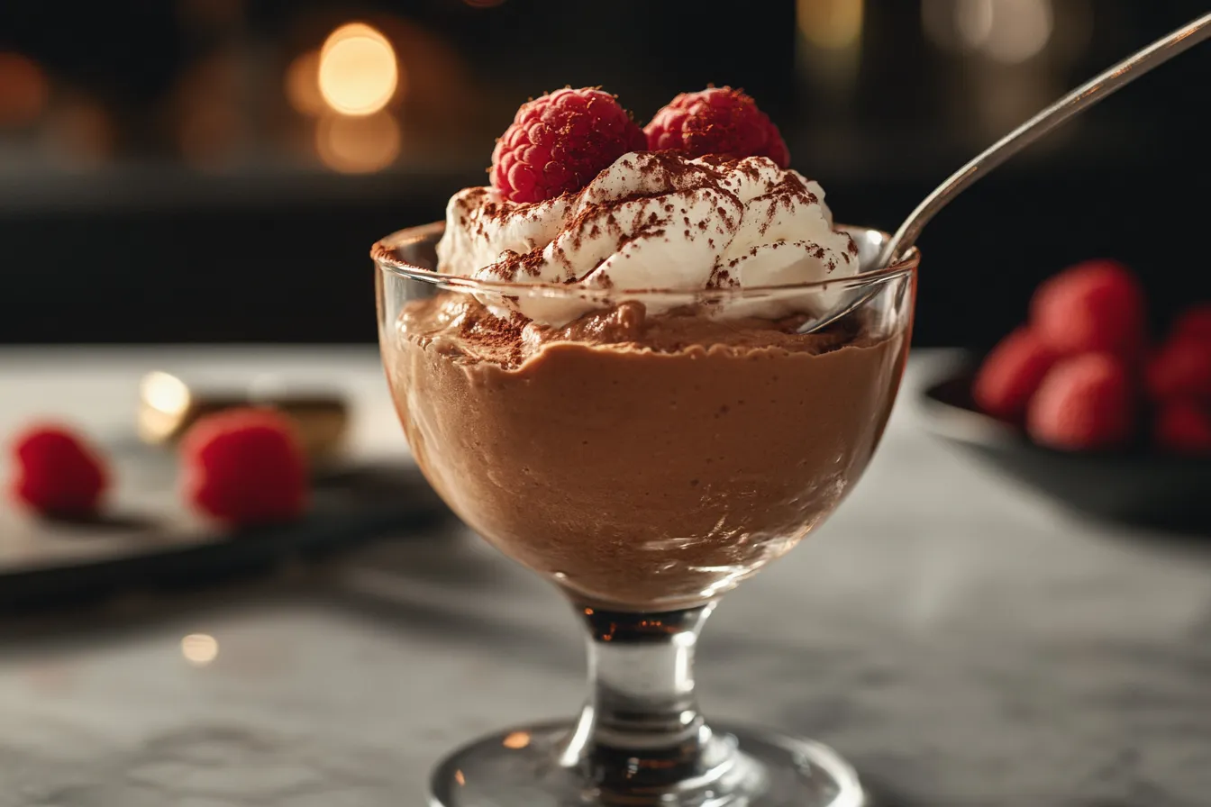 A rich and creamy chocolate mousse topped with whipped cream and fresh berries in a glass dessert cup.