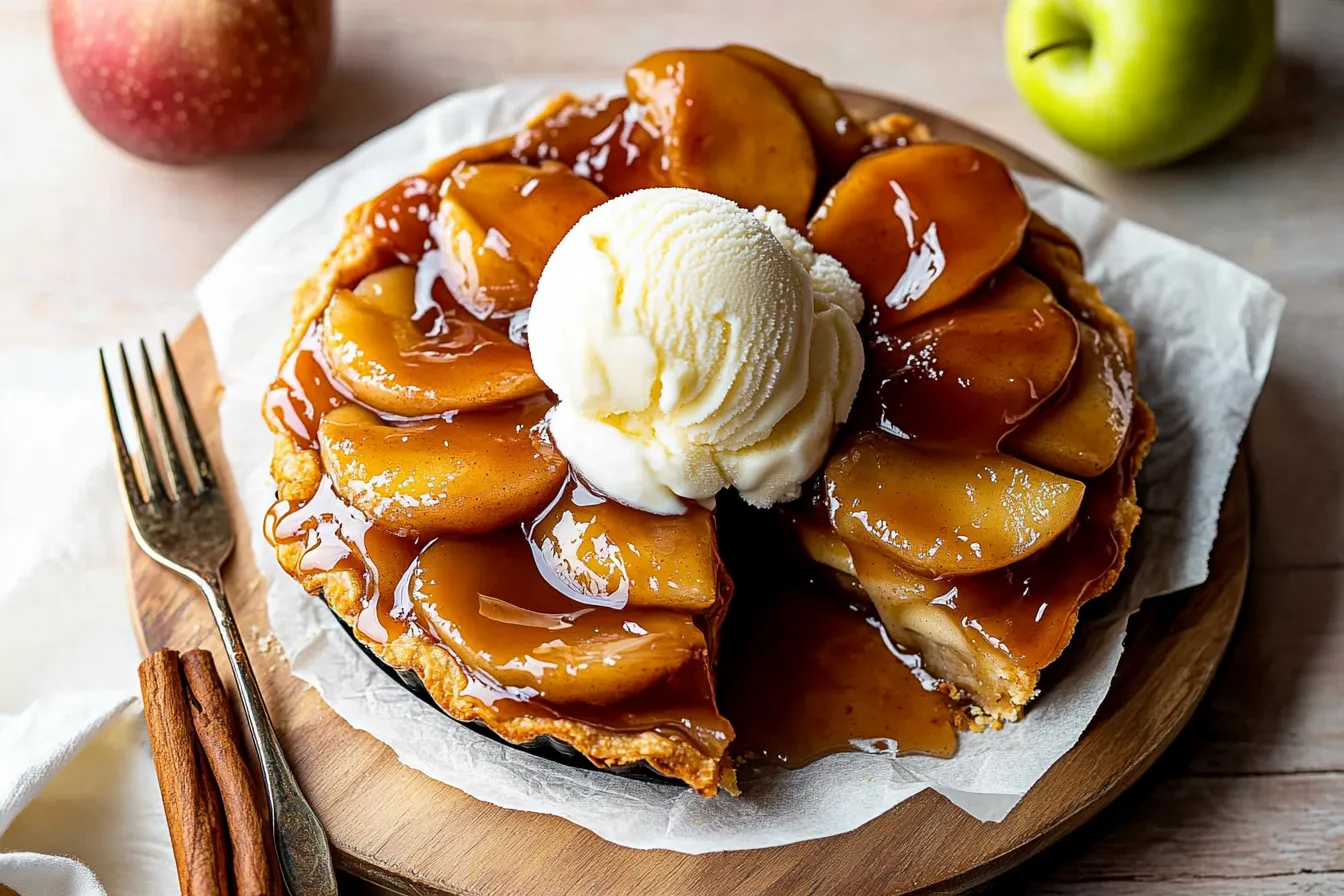 Finished apple tarte tatin with golden caramelized apples and flaky pastry