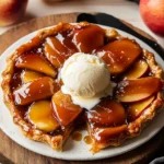 Finished apple tarte tatin with golden caramelized apples and flaky pastry