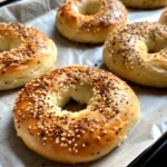 Freshly baked golden Greek yogurt bagels on a tray, topped with sesame seeds.