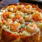 Golden bread bowl filled with creamy shrimp and crab seafood dip, served with toasted bread chunks.