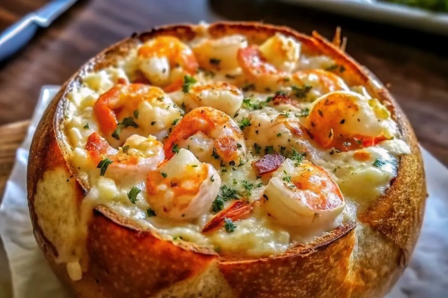 Golden bread bowl filled with creamy shrimp and crab seafood dip, served with toasted bread chunks.