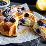 Freshly baked sweet sourdough bread with blueberries and cream cheese filling, topped with a honey-lemon glaze.