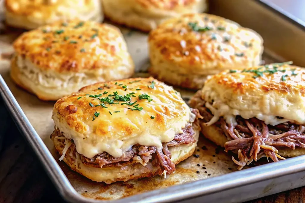 Golden-brown baked French dip biscuits filled with roast beef and melted cheese, served with a side of au jus for dipping.