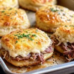 Golden-brown baked French dip biscuits filled with roast beef and melted cheese, served with a side of au jus for dipping.