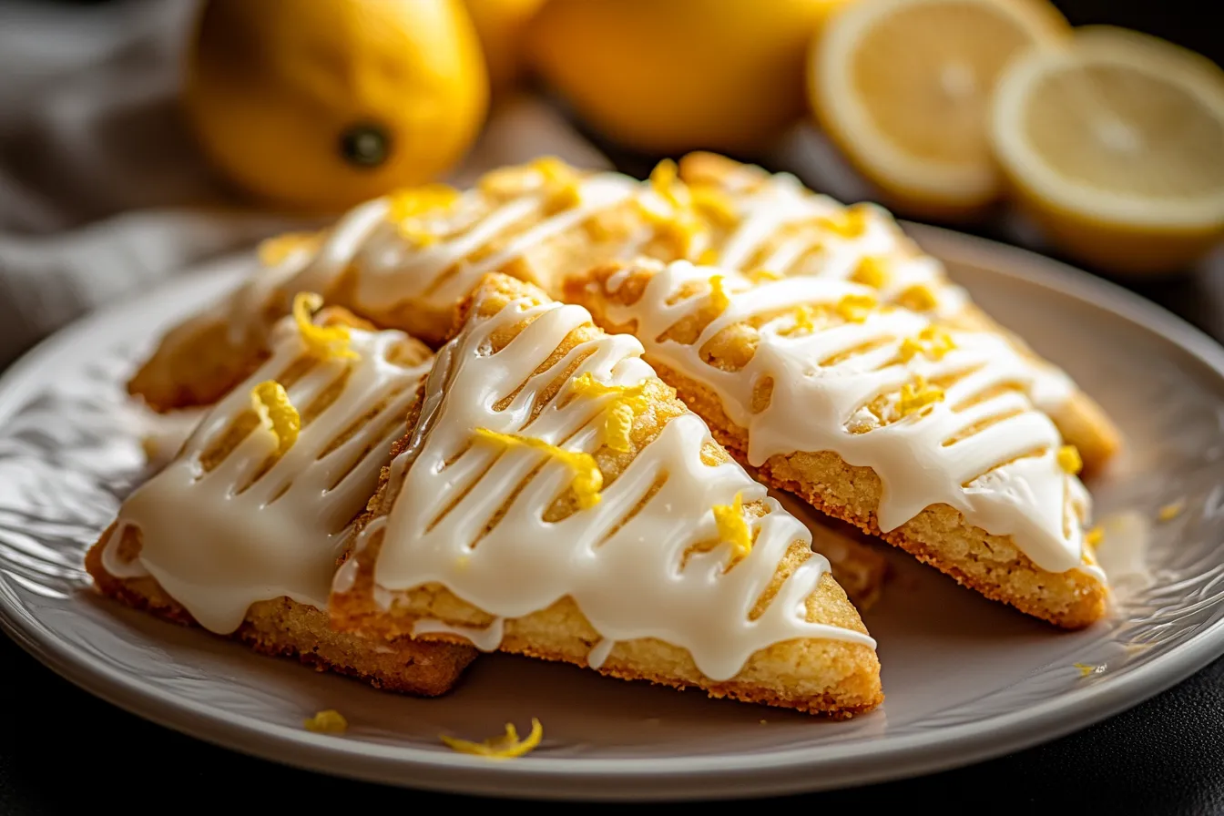 Wedges of buttery lemon shortbread cookies on a white plate