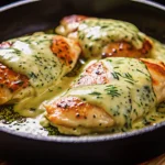 Mozzarella chicken in basil cream sauce in a skillet