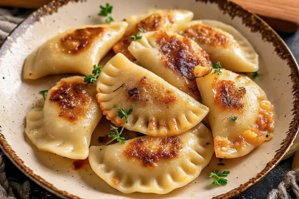 Golden, pan-fried Polish meat pierogi topped with caramelized onions and served with sour cream and fresh dill on a rustic plate.