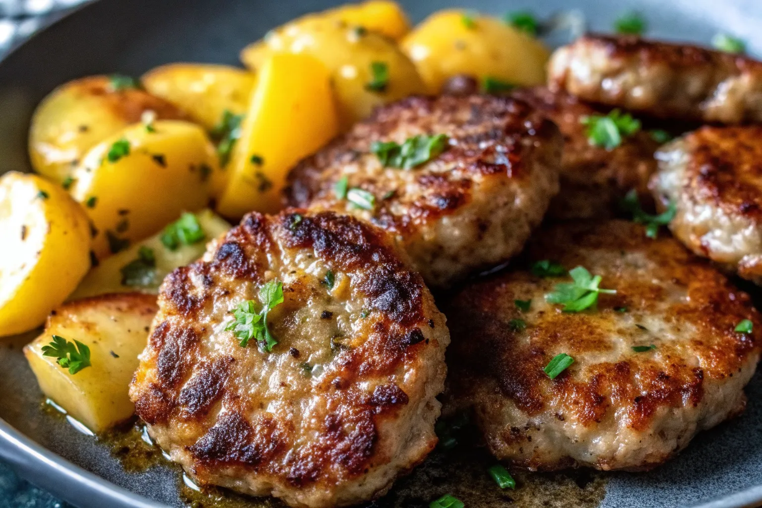 Authentic German Frikadellen served with mustard and potatoes