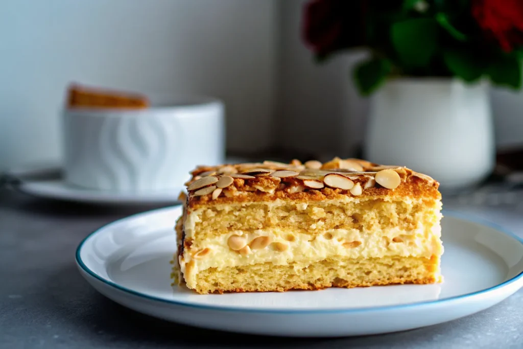 Slice of German Bee Sting Cake with cream filling and almond topping