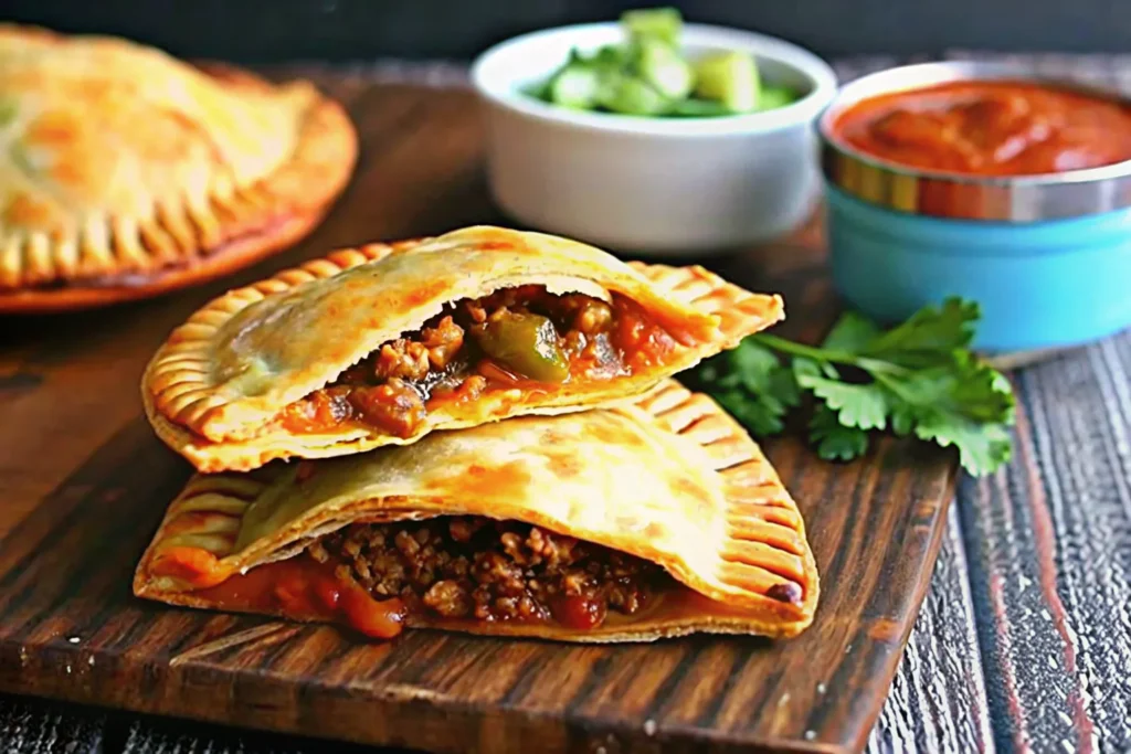 Golden taco hand pies with crispy crust on a baking tray