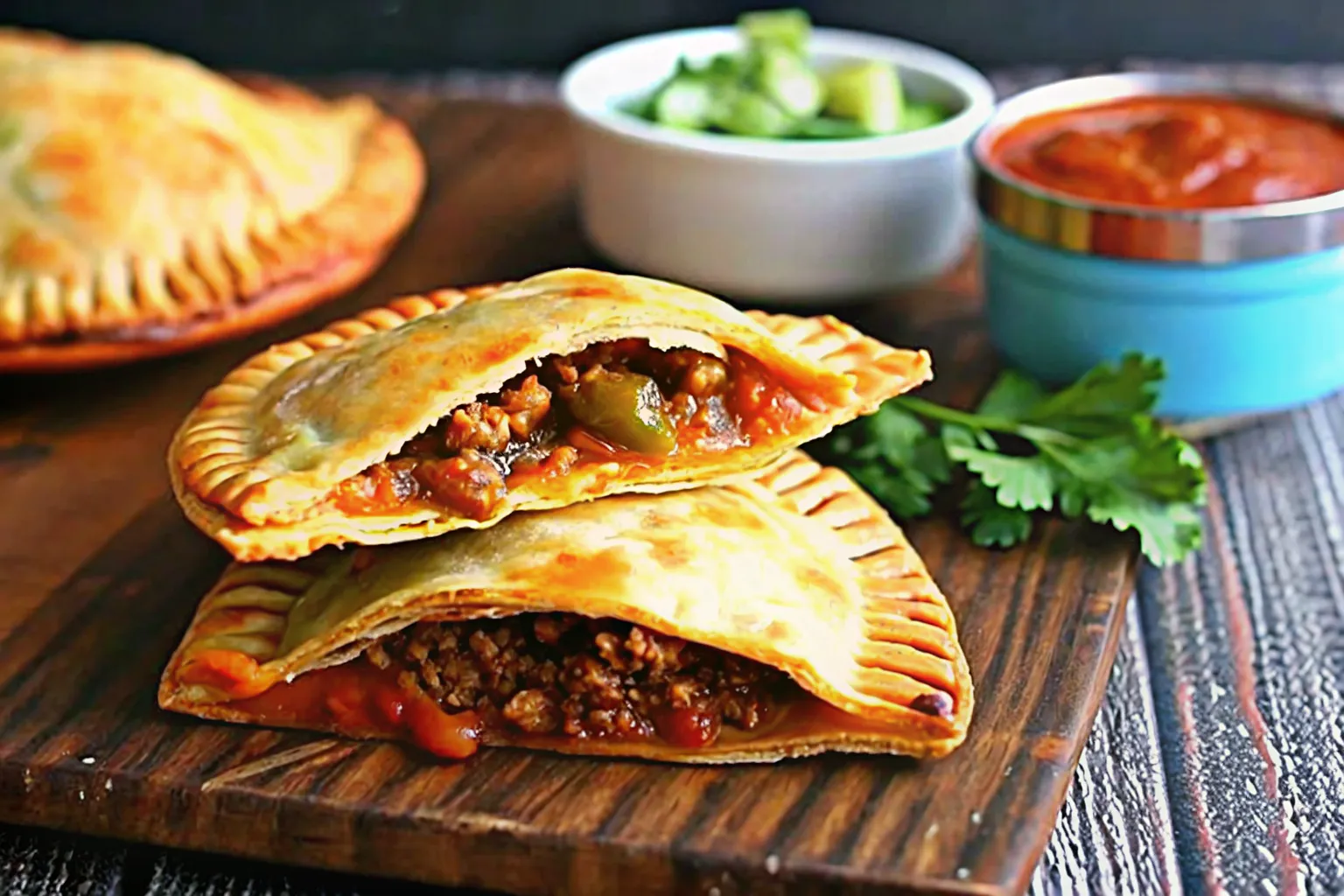 Golden taco hand pies with crispy crust on a baking tray