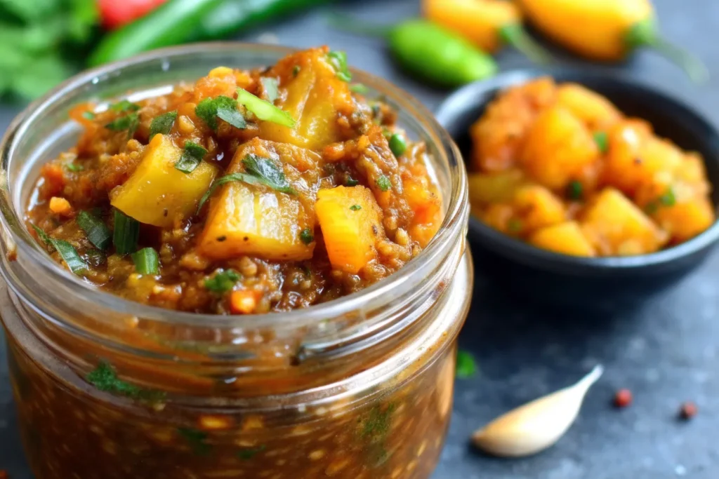 Spicy Pineapple Jalapeño Chutney served in a bowl with fresh pineapple and jalapeños