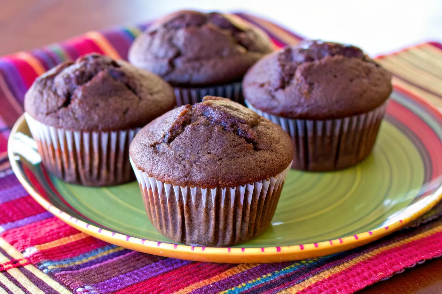 Freshly baked chocolate muffins with chocolate chips on a wooden tray
