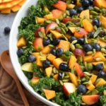 Fresh summer peach and blueberry kale salad in a bowl