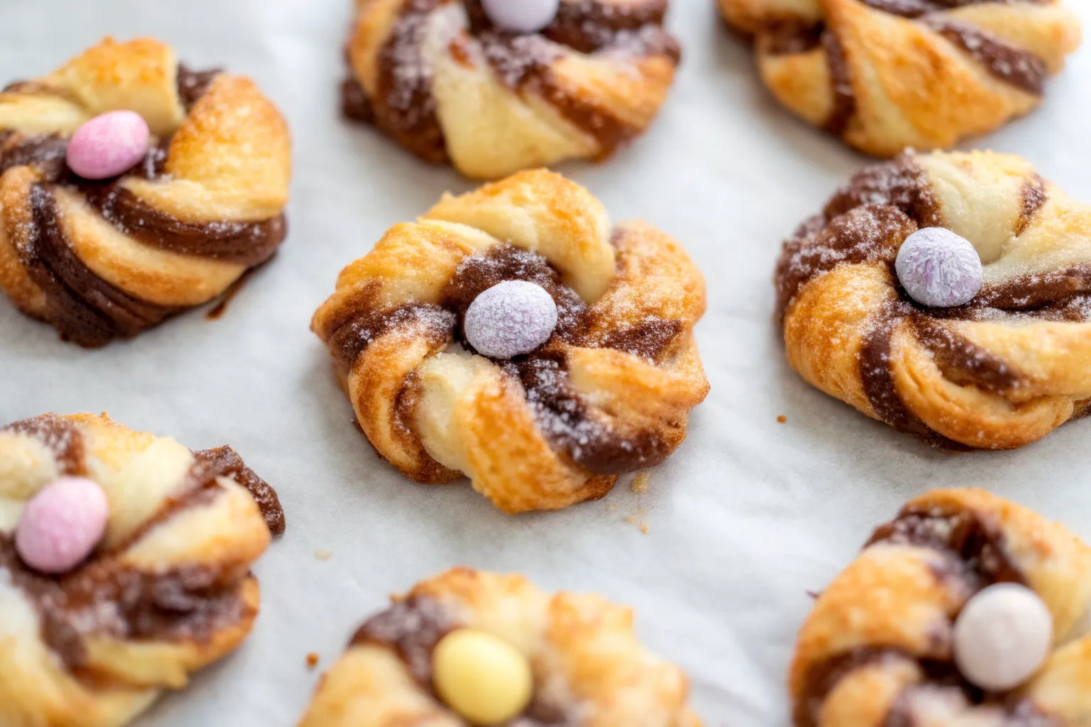 Puff pastry Easter nests with cream cheese and berries