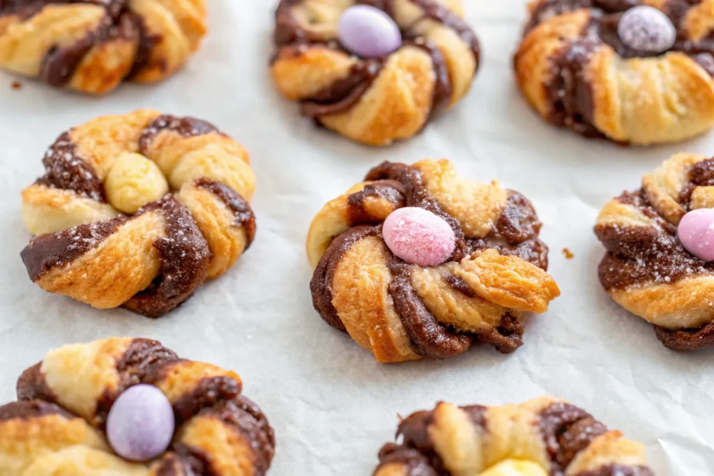 Puff pastry Easter nests with cream cheese and berries