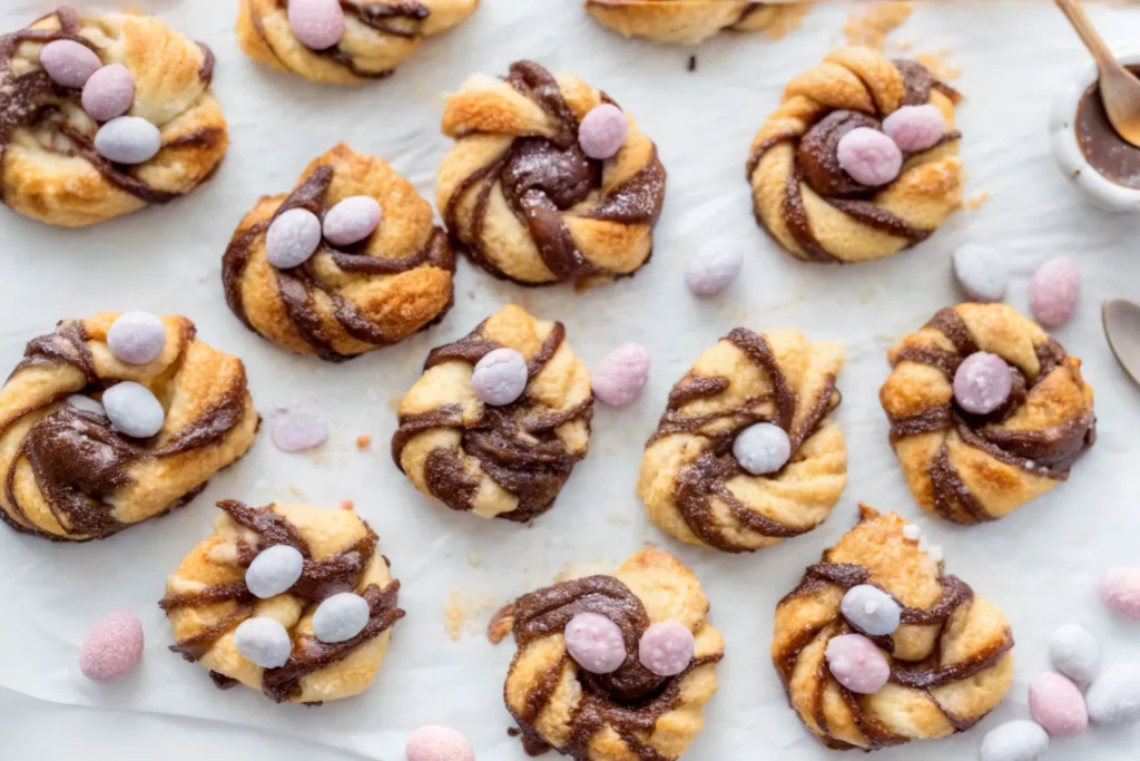 Puff pastry Easter nests with cream cheese and berries