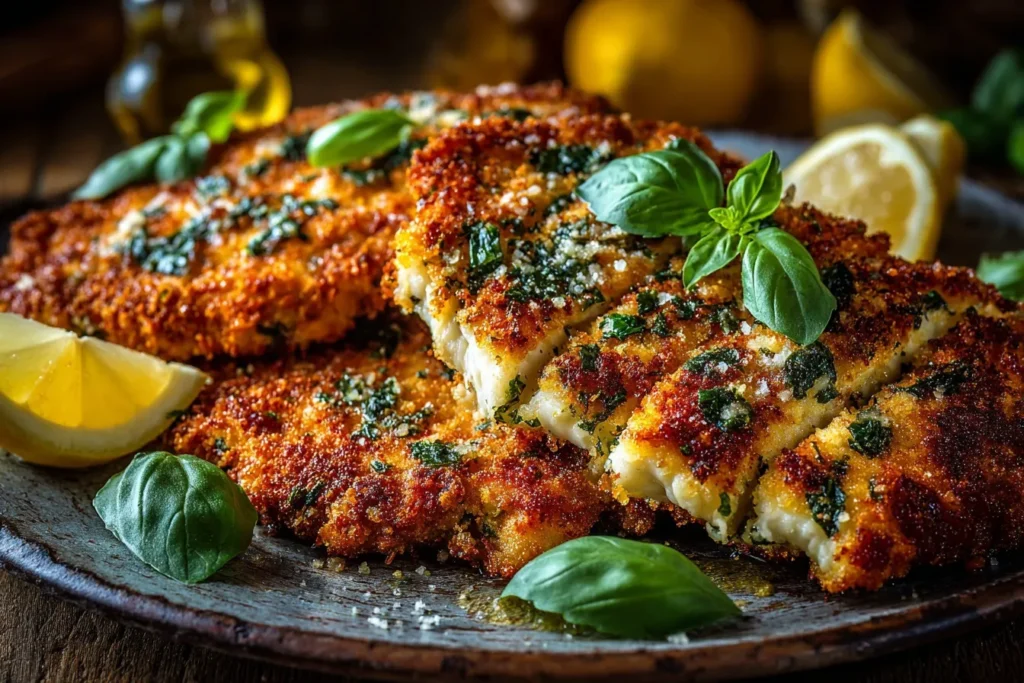 Italian Basil Chicken Cutlets: A Classic Mediterranean Delight 6 Golden Italian basil chicken cutlets served with lemon wedges and fresh herbs