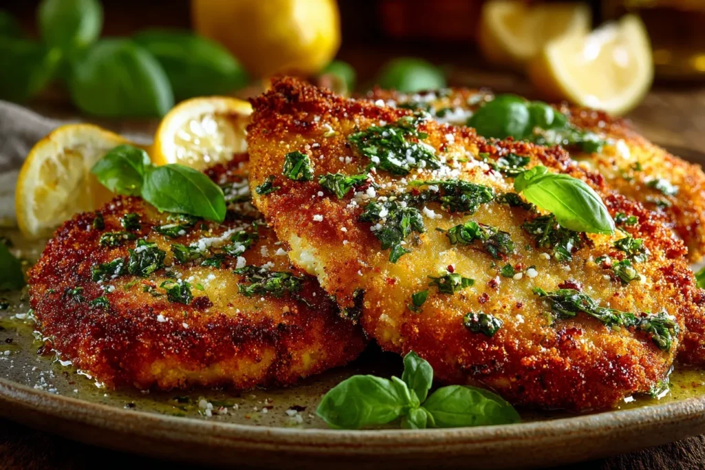 Italian Basil Chicken Cutlets: A Classic Mediterranean Delight 8 Golden Italian basil chicken cutlets served with lemon wedges and fresh herbs