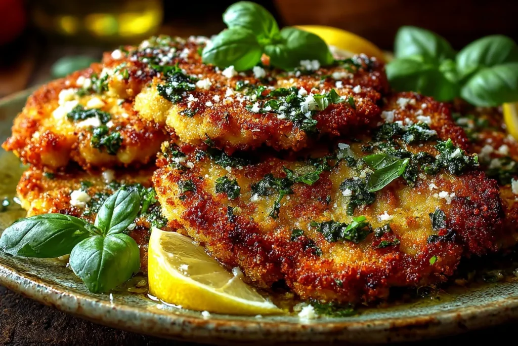 Italian Basil Chicken Cutlets: A Classic Mediterranean Delight 9 Golden Italian basil chicken cutlets served with lemon wedges and fresh herbs