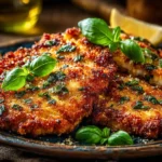 Italian Basil Chicken Cutlets: A Classic Mediterranean Delight 7 Golden Italian basil chicken cutlets served with lemon wedges and fresh herbs