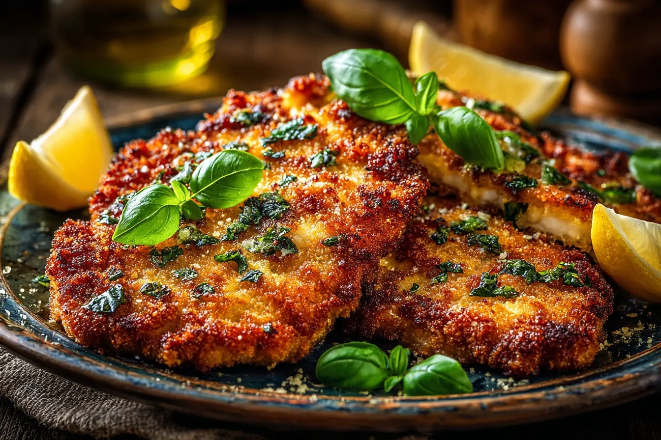 Italian Basil Chicken Cutlets: A Classic Mediterranean Delight 5 Golden Italian basil chicken cutlets served with lemon wedges and fresh herbs