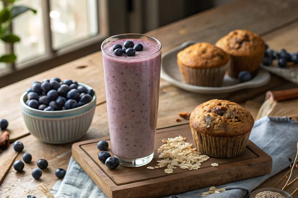 Blueberry Muffin Smoothie in rustic breakfast setting