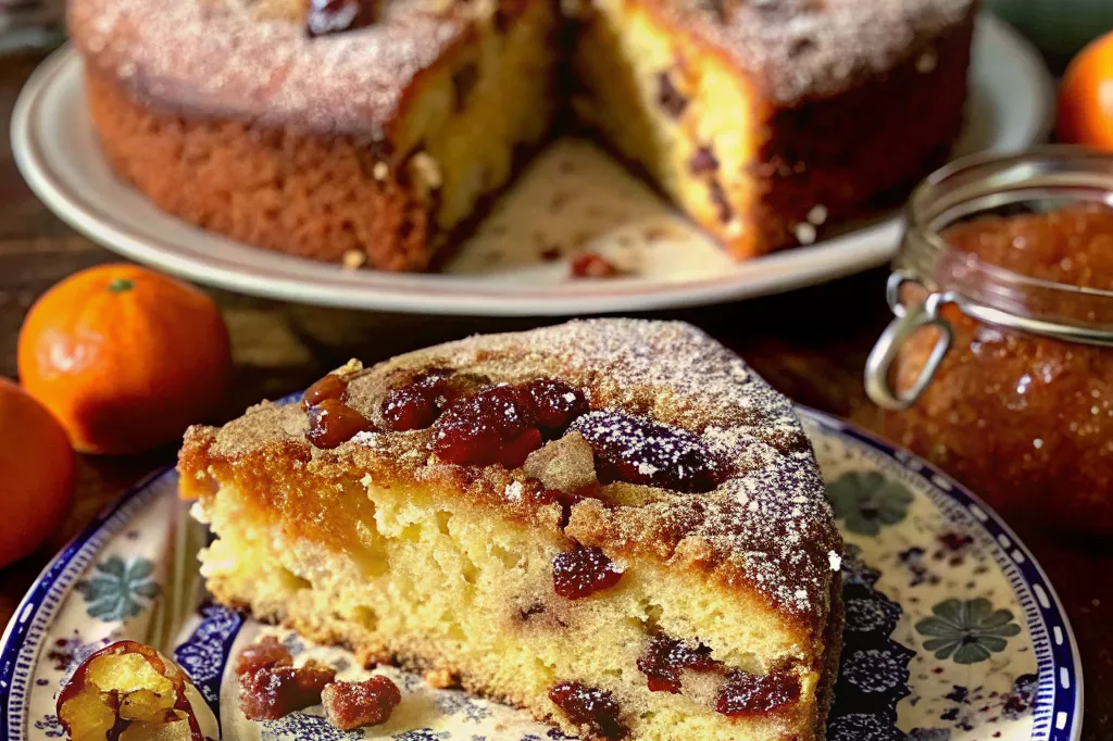 Sliced Mary Berry Manor House Cake with golden crust and dried fruit on a white plate