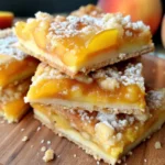 Freshly baked peach bars with crumb topping, golden crust, and juicy peach filling in a square slice