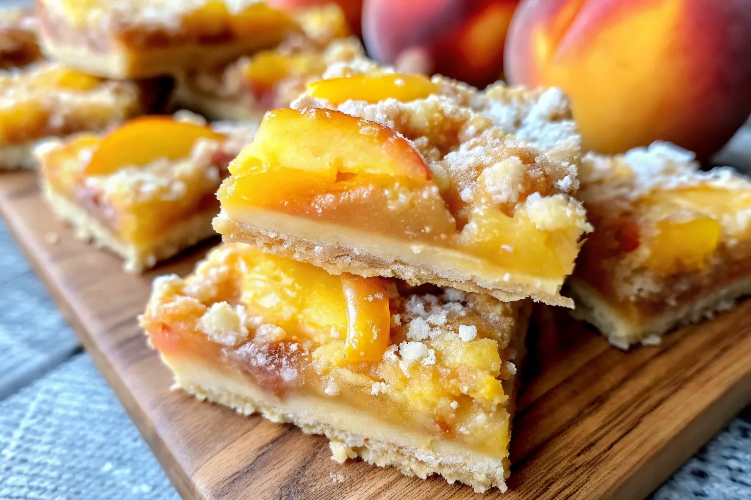 Freshly baked peach bars with crumb topping, golden crust, and juicy peach filling in a square slice