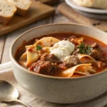 A bowl of slow cooker lasagna soup topped with ricotta and melted cheese, served with crusty bread on a rustic wooden table.