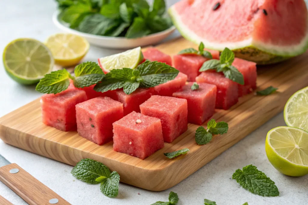 Fresh watermelon, mint leaves, and lime for watermelon mint cooler.