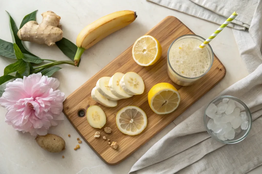 Blending banana lemon ginger smoothie ingredients
