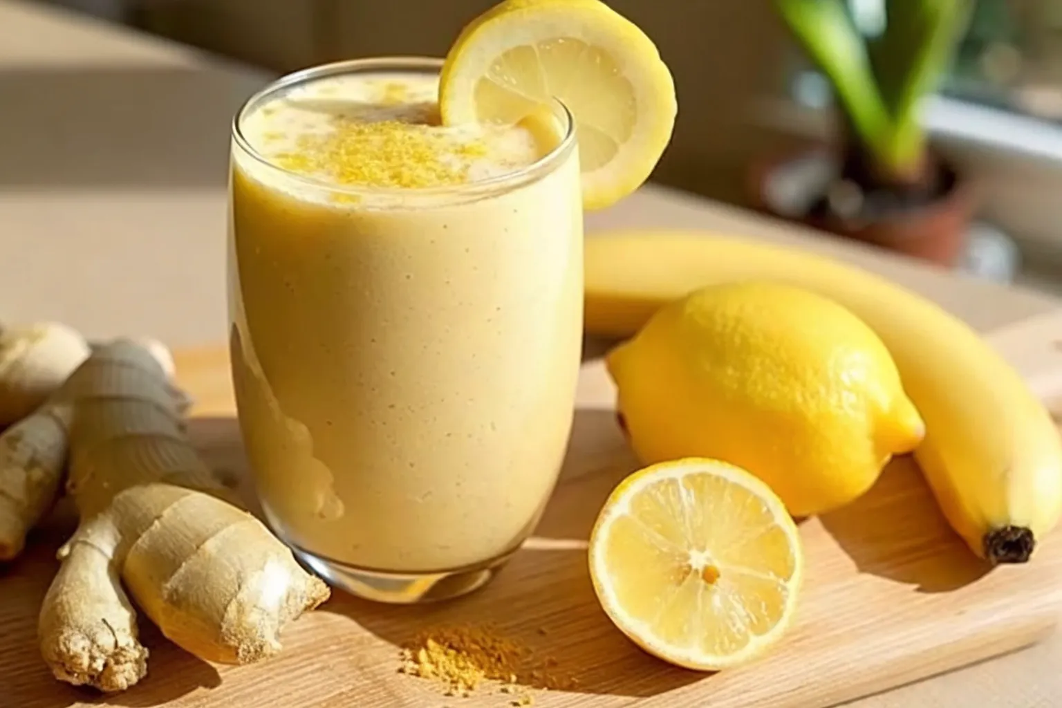 Ingredients for banana lemon ginger smoothie on cutting board