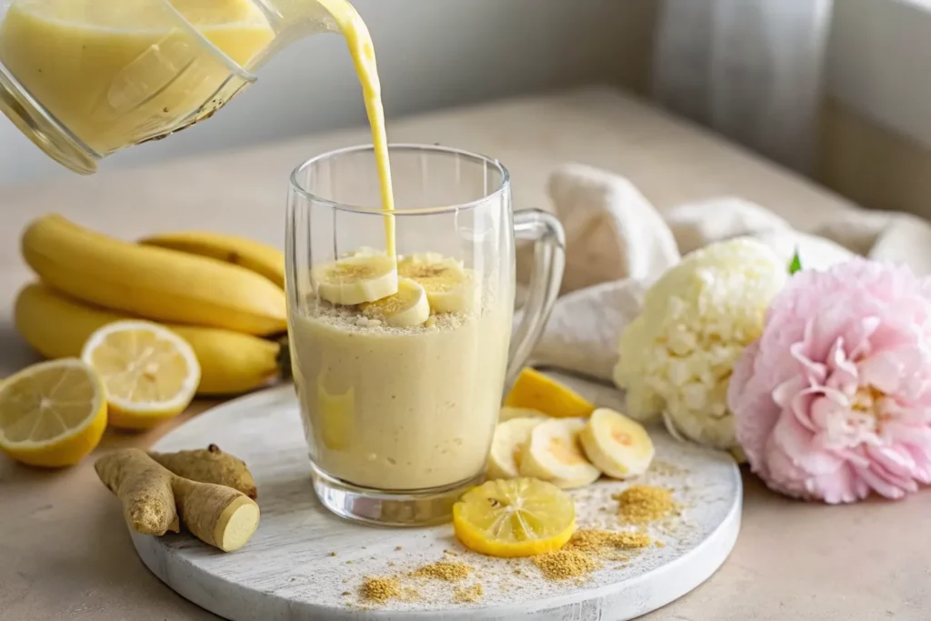 Banana lemon ginger smoothie in a tall glass with fresh ingredients