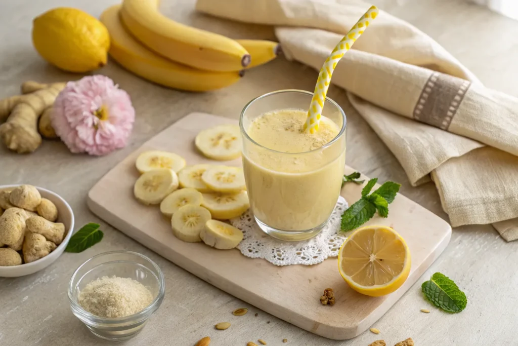 Banana lemon ginger smoothie served in a jar