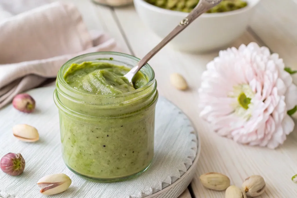 Homemade pistachio butter in a jar