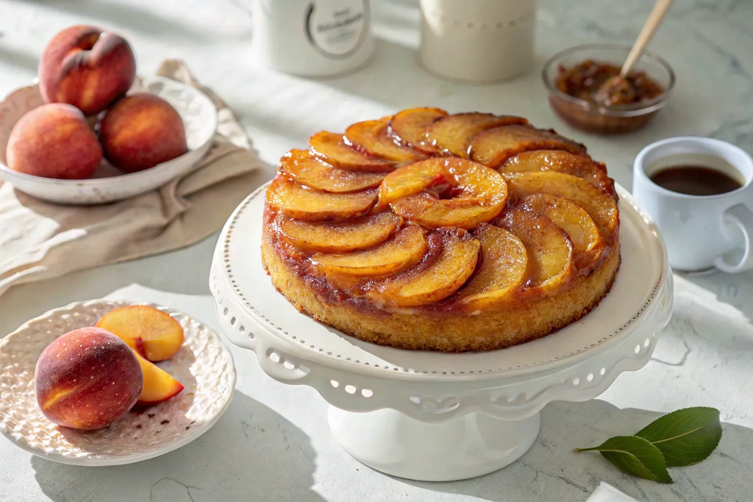 Peach Upside Down Cake on cake stand