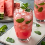 Watermelon mint cooler poured over ice in a tall glass.