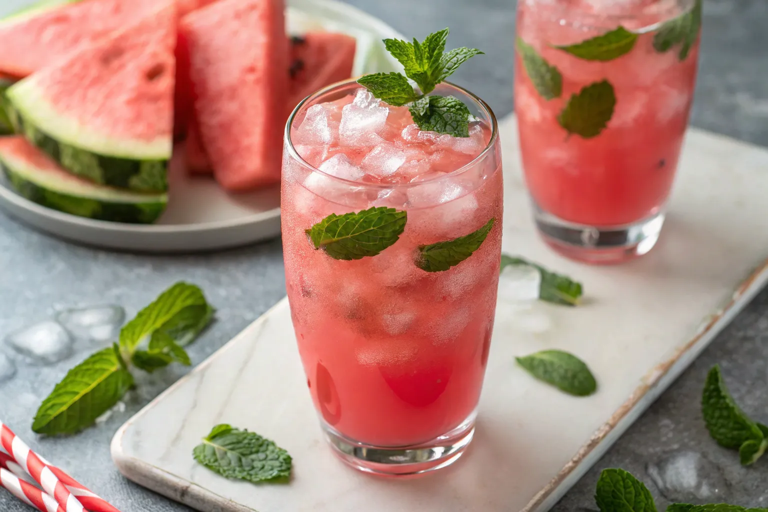 Watermelon mint cooler poured over ice in a tall glass.