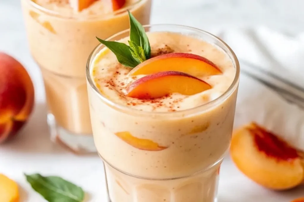 Creamy summer peach smoothie in tall glass