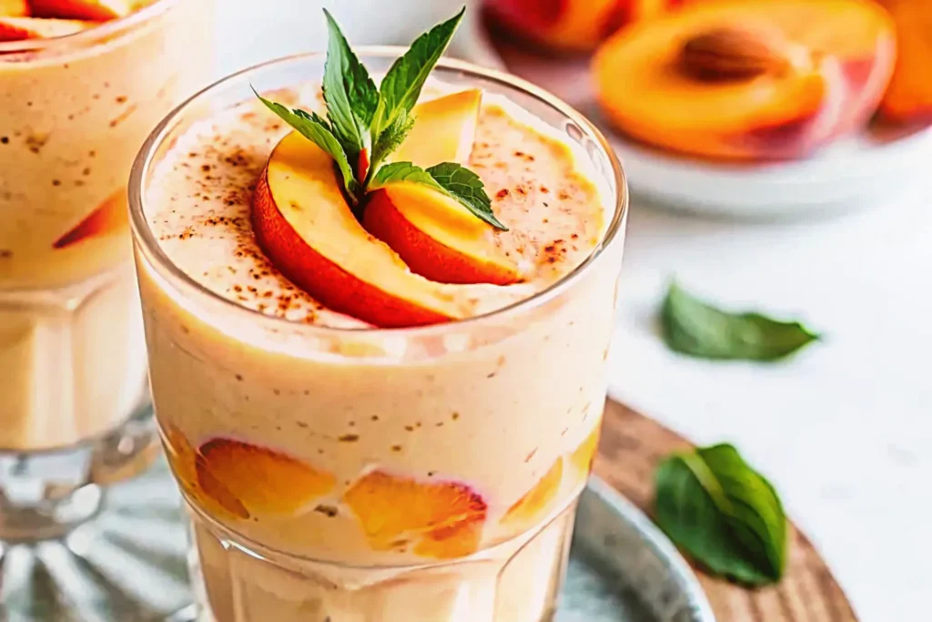Creamy summer peach smoothie in tall glass
