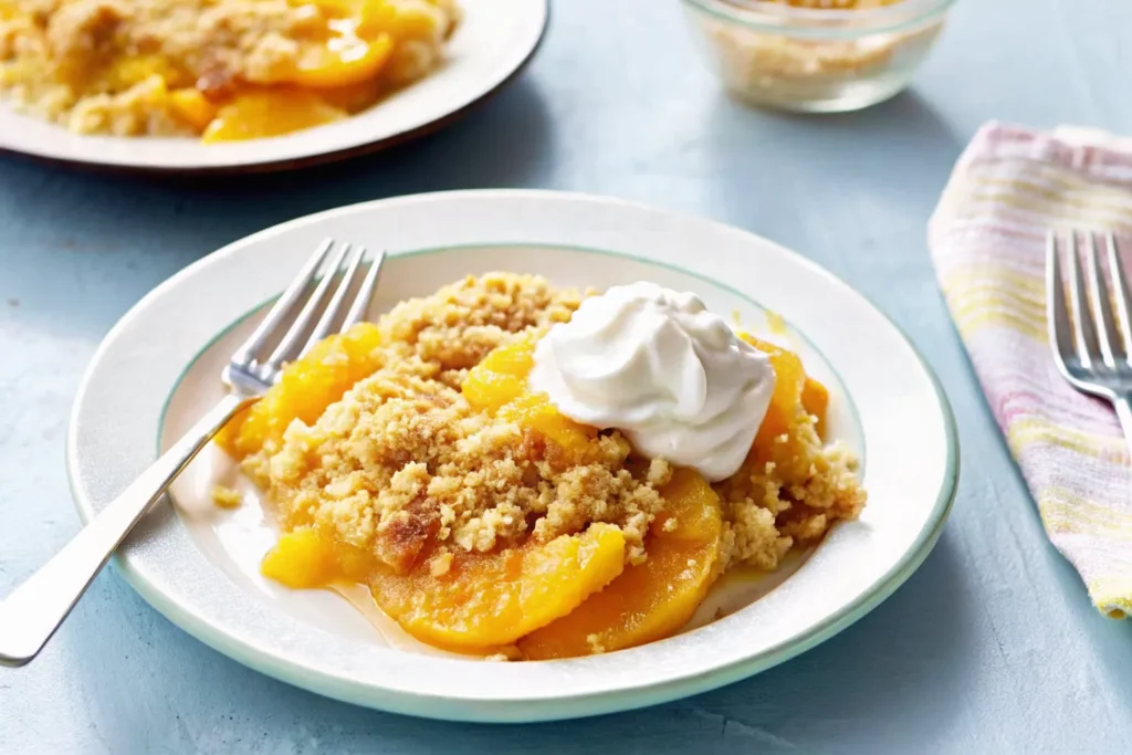 Easy peach cobbler with cake mix in rustic dish